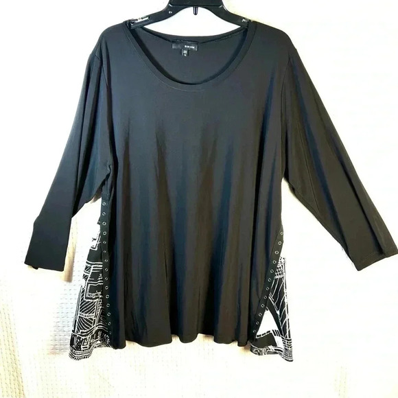 Sun Kim Plus Size 1X Tunic Top Lagenlook Art Side Snap Details Stretchy Black - Picture 1 of 8